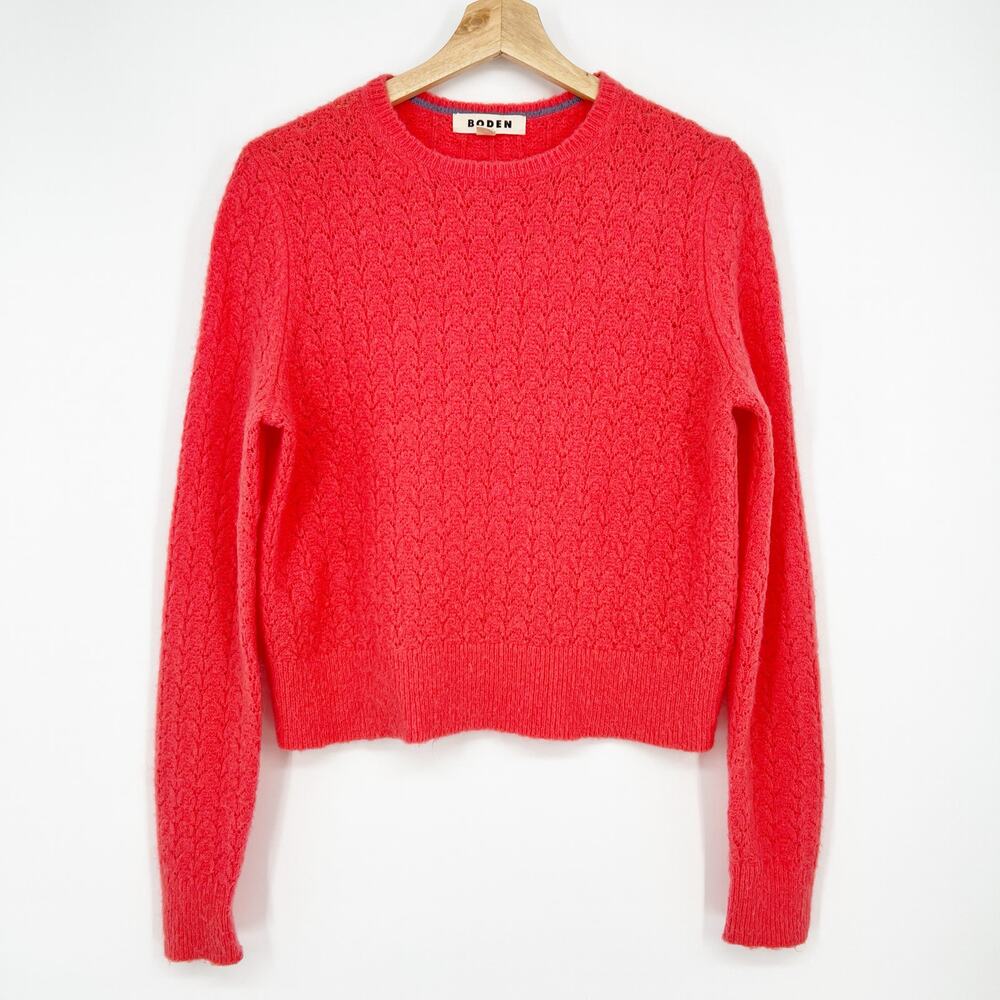 Boden Fluffy Pointelle Knit Sweater Wool Blend Womens Small Coral Crew Neck Soft